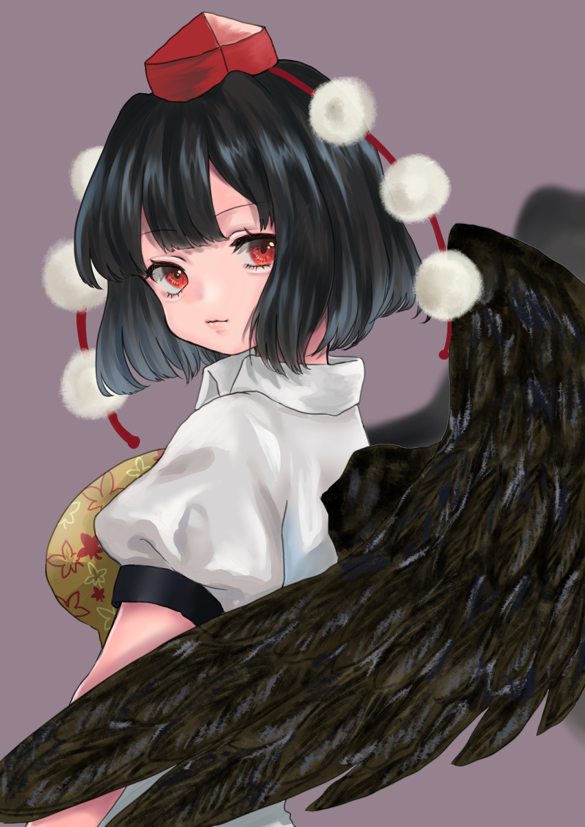 1girl absurdres bird_wings black_hair black_wings closed_mouth collared_shirt cropped_torso eyelashes feathered_wings hat highres leaf_print looking_at_viewer looking_back pom_pom_(clothes) puffy_short_sleeves puffy_sleeves purple_background red_eyes red_hat shameimaru_aya shirt short_sleeves solo tokin_hat touhou white_shirt wings