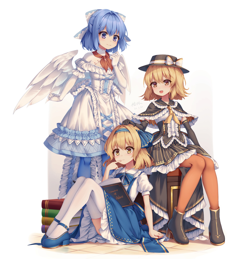 3girls :o absurdres aged_down alice_margatroid angel_wings black_capelet black_corset black_footwear black_gloves black_hat black_skirt blonde_hair blue_bow blue_bowtie blue_eyes blue_footwear blue_hair blue_hairband blue_pantyhose blue_skirt book bookshelf boots bow bowtie breasts brown_pantyhose capelet closed_mouth corset dress elbow_gloves feathered_wings fedora flat_chest frilled_capelet frilled_corset frilled_dress frilled_skirt frills full_body gloves grimoire_of_alice hair_bow hairband hand_on_another's_head happy hat hat_bow highres mai_(senran_kagura) mary_janes mechrailgun medium_hair multiple_girls neck_ribbon neckerchief pantyhose parted_lips puffy_short_sleeves puffy_sleeves red_neckerchief ribbon shirt shoes short_sleeves simple_background sitting skirt small_breasts smile suspender_skirt suspenders thighhighs touhou touhou_(pc-98) white_background white_bow white_dress white_gloves white_shirt white_thighhighs white_wings wings yellow_eyes yellow_ribbon