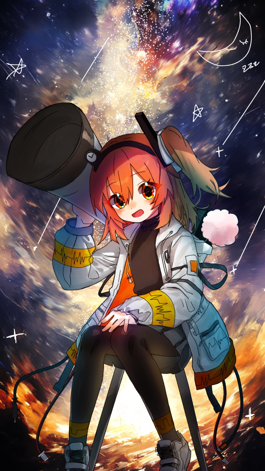 1girl a.i._voice adachi_rei black_leggings black_shirt cable crescent_moon drawstring grey_skirt hair_ribbon highres holding holding_telescope jacket knees_together_feet_apart leggings long_sleeves looking_at_viewer medium_hair milky_way miniskirt moon no_shoes one_side_up open_clothes open_jacket open_mouth orange_eyes orange_hair radio_antenna ribbon shirt shooting_star sitting skirt sky solo star_(sky) star_(symbol) telescope utau white_footwear white_jacket white_ribbon zarame_(zarame_utau)