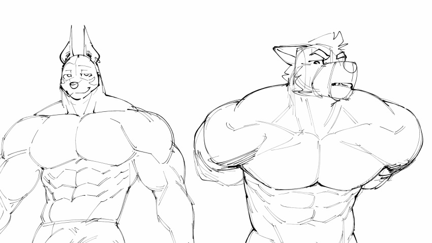 16:9 2024 abs anthro arms_tied barazoku biceps big_muscles biped bound canid canine canis dominant duo hi_res jackal looking_at_another looking_at_partner looking_at_viewer male male/male mammal muscular muscular_anthro muscular_dom muscular_male muscular_sub pecs submissive tofuxal widescreen wolf
