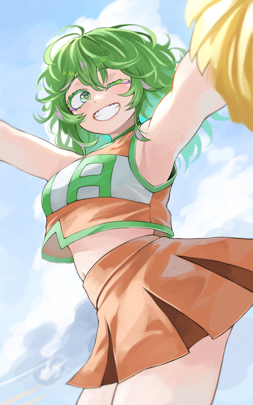 1girl absurdres armpits blue_sky boku_no_hero_academia cheerleader cloud colored_eyelashes commentary_request cowboy_shot crop_top day fengling_(furin-jp) green_eyes green_hair grin hagakure_tooru highres looking_at_viewer midriff miniskirt one_eye_closed orange_skirt outstretched_arms pom_pom_(cheerleading) skirt sky sleeveless smile solo standing thighs
