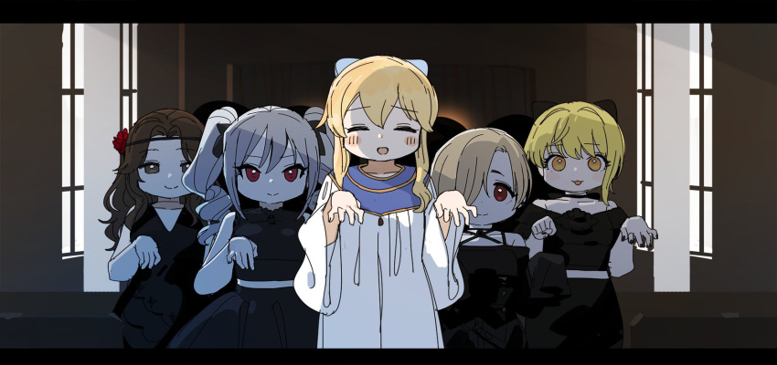 5girls ^_^ ariura_kanna asymmetrical_bangs bare_arms black_dress black_shirt black_skirt blonde_hair blush brown_hair clarice_(idolmaster) closed_eyes collarbone dancing dress drill_hair facing_viewer fingernails flower forehead gown grey_hair hair_flower hair_ornament hair_over_one_eye hands_up highres idolmaster idolmaster_cinderella_girls kanzaki_ranko letterboxed looking_at_viewer midriff miyamoto_frederica multiple_girls nail_polish one_eye_covered parody red_eyes shirasaka_koume shirt skirt smile spawnfoxy twintails