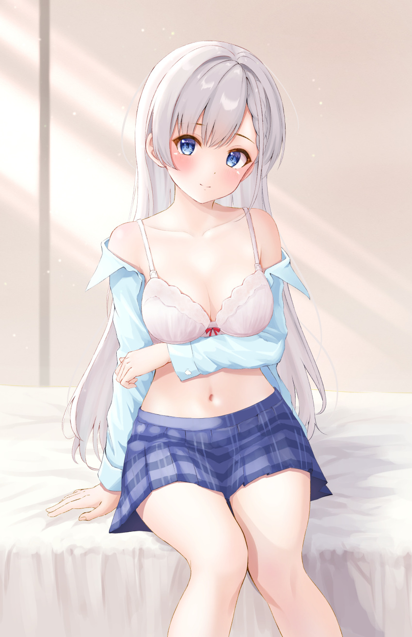 1girl absurdres arm_under_breasts asymmetrical_bangs blue_eyes blue_shirt blue_skirt blush bow bow_bra bra braid braided_bangs breasts ca_paria cleavage closed_mouth collarbone grey_hair highres hisakawa_hayate idolmaster idolmaster_cinderella_girls indoors long_hair long_sleeves looking_at_viewer medium_breasts navel open_clothes open_shirt pink_bra plaid plaid_skirt pleated_skirt shirt sitting skirt smile solo underwear white_bra