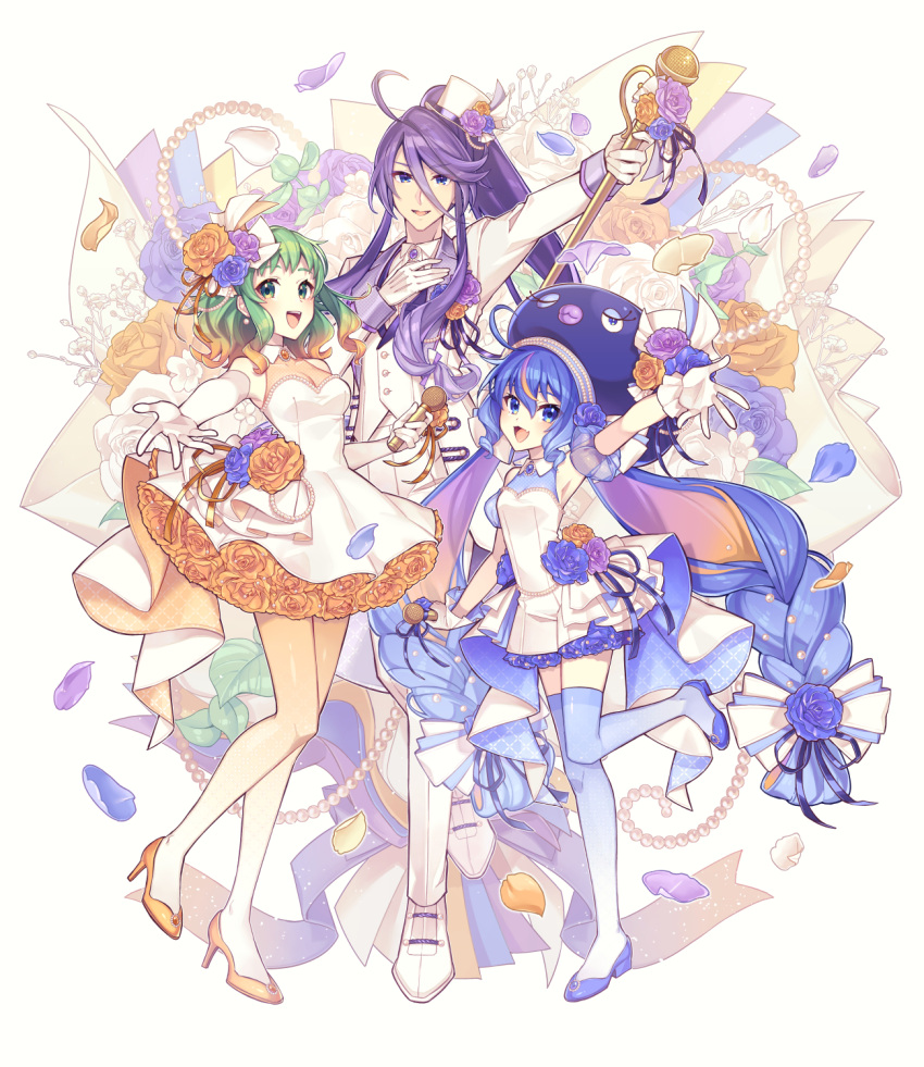 1boy 2girls :d bare_shoulders blue_eyes blue_flower blue_footwear blue_hair blue_hat blue_rose blue_thighhighs bouquet breasts brown_footwear collared_shirt commentary_request dress eel_hat elbow_gloves floral_background flower frilled_gloves frills gloves gradient_legwear green_eyes green_hair gumi hair_between_eyes hair_flower hair_ornament high_heels high_ponytail highres holding jacket kamui_gakupo long_hair medium_breasts multiple_girls nou_(nounknown) orange_flower orange_rose otomachi_una outstretched_arm pants petals ponytail purple_hair rose shirt shoes sleeveless sleeveless_dress smile standing standing_on_one_leg suit talkex thighhighs tilted_headwear very_long_hair vocaloid white_dress white_flower white_footwear white_gloves white_hat white_jacket white_pants white_rose white_shirt white_thighhighs