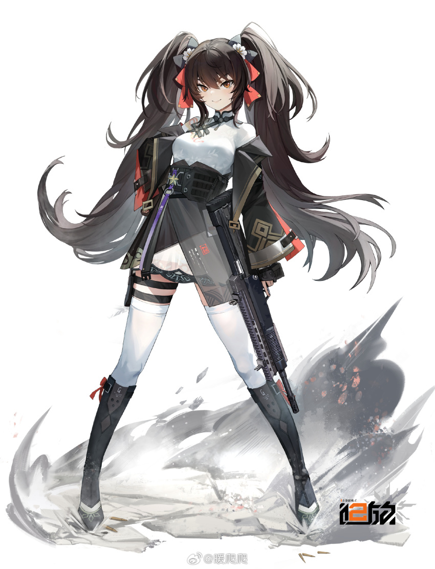 1girl absurdres assault_rifle black_footwear black_skirt black_sleeves boots bow breasts brown_eyes closed_mouth copyright_name dust full_body girls'_frontline girls'_frontline_2:_exilium gun hair_bow hand_on_own_hip highres holding holding_gun holding_weapon holster knee_boots legs_apart logo long_hair long_sleeves looking_at_viewer medium_breasts miniskirt nuanpapa official_art qbz-97 red_bow rifle shirt skirt smile solo standing tachi-e thigh_holster thighhighs twintails type_97_(girls'_frontline) underbust very_long_hair weapon weibo_logo weibo_username white_background white_shirt white_thighhighs zettai_ryouiki