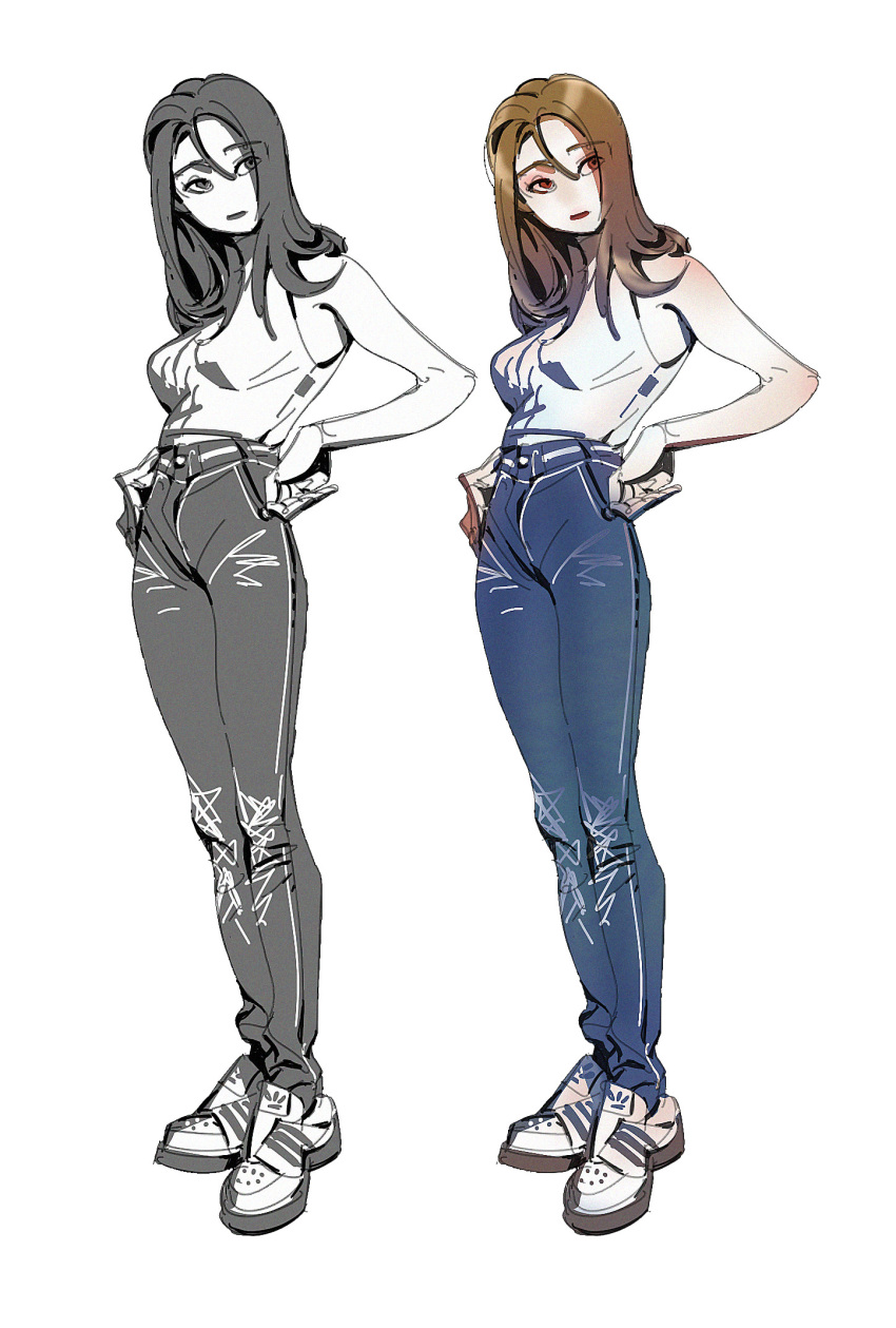 1girl adidas blue_pants breasts brown_hair denim full_body hair_between_eyes hands_on_own_hips highres jeans long_hair long_legs looking_to_the_side medium_breasts original pants red_eyes shirt shoes simple_background sleeveless sleeveless_shirt sneakers token_holic white_background white_shirt