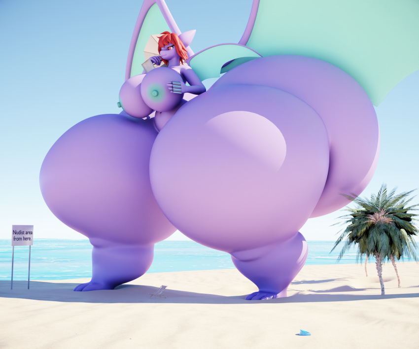 anthro beach bedding big_breasts big_butt blanket blender_(software) breasts butt chair crobat darkdraketom erect_nipples female fur furniture generation_2_pokemon hair hi_res huge_breasts huge_butt huge_thighs hyper hyper_butt hyper_thighs macro navel nintendo nipples palm_tree parasol plant pokemon pokemon_(species) purple_body purple_fur red_eyes red_hair sand sea sign smile solo sophia_nedoma_(pelleelle) teal_nipples teal_wings text_on_sign thick_thighs tree walking water wings yellow_sclera
