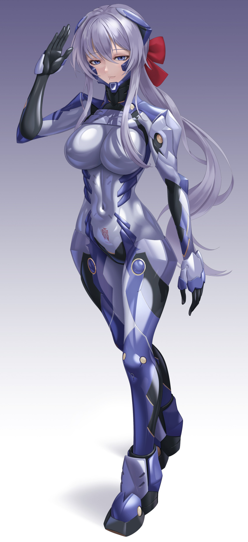 1girl absurdres armored_bodysuit blue_eyes bodysuit breasts character_request commentary_request covered_navel full_body hair_ribbon headgear highres impossible_bodysuit impossible_clothes kurione_(zassou) large_breasts long_hair looking_at_viewer muv-luv muv-luv_alternative purple_bodysuit purple_hair ribbon salute solo standing two-tone_bodysuit very_long_hair