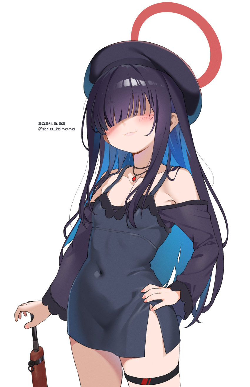 1girl absurdres artist_name beret black_dress black_hair black_hat blue_archive blunt_bangs blush breasts closed_mouth commentary_request commission covered_navel dated dress faceless faceless_female hair_over_eyes halo hand_on_own_hip hat highres justice_task_force_member_(blue_archive) long_hair long_sleeves mokyutan red_halo second-party_source simple_background skeb_commission small_breasts smile solo standing thigh_strap twitter_username watermark white_background