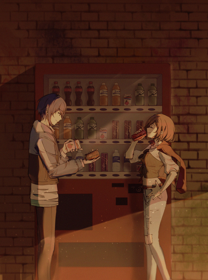 1boy 1girl absurdres blue_hair brick_wall brown_hair can closed_eyes drink drink_can evening facing_another feet_out_of_frame from_side hair_between_eyes hand_on_own_hip highres holding holding_can jacket juice_box kaito_(vocaloid) light_particles light_rays meiko_(vocaloid) nail_polish outdoors pants profile project_sekai qianlilingjiang short_hair smile standing sunglasses torn_clothes torn_pants unworn_eyewear vending_machine vivid_bad_squad_kaito vivid_bad_squad_meiko vocaloid