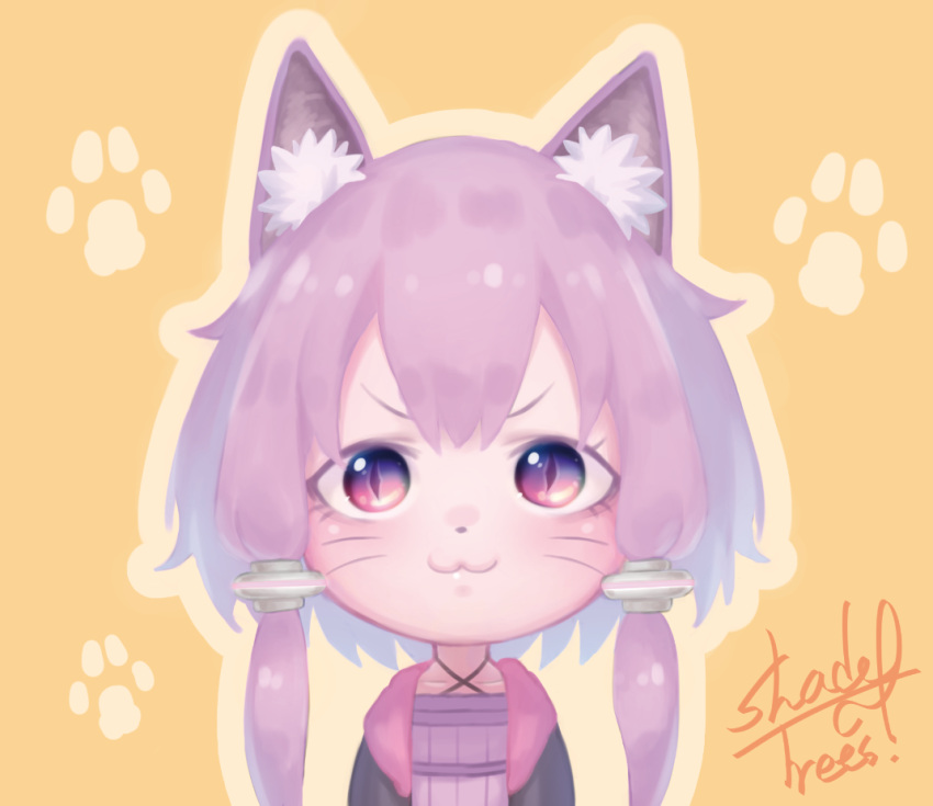 1girl :3 animal_ears animal_nose black_hoodie cat_ears cat_girl chibi closed_mouth criss-cross_halter dress facial_mark halter_dress halterneck hood hood_down hoodie kemonomimi_mode long_hair looking_at_viewer multicolored_eyes open_clothes open_hoodie outline paw_print paw_print_background pink_eyes purple_dress purple_eyes purple_hair shade_of_trees short_hair_with_long_locks sidelocks simple_background slit_pupils solo straight-on upper_body v-shaped_eyebrows vocaloid voiceroid whisker_markings yellow_background yellow_outline yuzuki_yukari