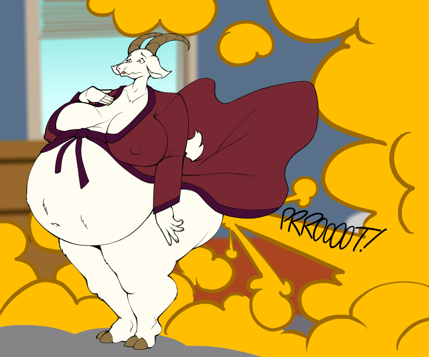 2024 anthro bathrobe bedroom big_breasts big_butt bluepants bovid breasts brown_hooves brown_horn butt caprine clothed clothing detailed_background digital_drawing_(artwork) digital_media_(artwork) erect_nipples fan_character fart fart_cloud female fur goat hi_res hooves horn hyper hyper_fart mammal mary_smith_(zangg) mature_female nipples onomatopoeia orange_eyes overweight partially_clothed robe robe_lift rumbling_stomach sagging_breasts sequence short_tail smaller_version_at_source solo sound_effects standing surprise tail text thick_thighs undersized_clothing white_body white_fur wide_eyed wide_hips