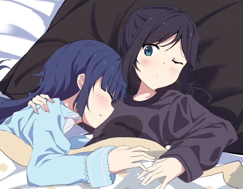 2girls absurdres black_hair blue_eyes blue_hair blue_shirt blush closed_eyes commentary_request hibike!_euphonium highres indoors kasaki_nozomi liz_to_aoi_tori long_hair long_sleeves multiple_girls on_bed one_eye_closed parted_lips pillow purple_shirt shirt sleeping soha_(sirohase) under_covers yoroizuka_mizore yuri