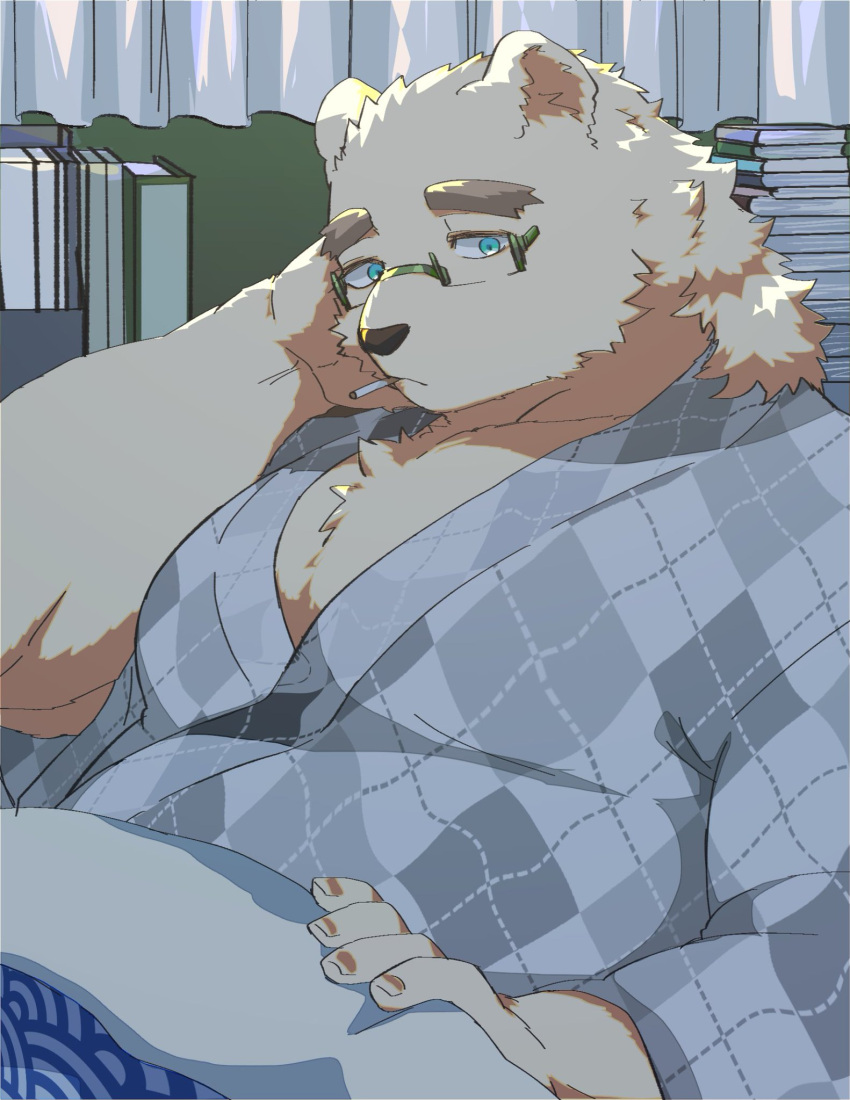 anthro bear bed blue_eyes bone_color919 cigarette cigarette_in_mouth clothing fur furniture hi_res leib_(tas) lifewonders male mammal musclegut muscular object_in_mouth pecs polar_bear robe smoking solo tokyo_afterschool_summoners ursine white_body white_fur