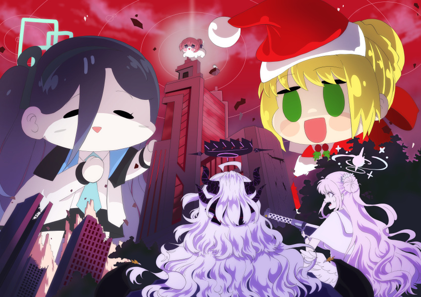 5girls :3 absurdres ahoge angel_wings aqua_halo aris_(blue_archive) aris_dance_(meme) black_hair black_horns blonde_hair blue_archive blue_necktie bovyng building chibi crossover demon_girl demon_horns demon_wings doro_(nikke) dorothy_(nikke) dress fate/extra fate_(series) feathered_wings from_behind giant giantess goddess_of_victory:_nikke green_eyes hair_between_eyes hair_bun hair_ornament hairband halo hat highres hina_(blue_archive) horns long_hair meme mika_(blue_archive) multiple_crossover multiple_girls multiple_horns necktie nero_claudius_(fate) no_pupils one_side_up padoru_(meme) pink_hair pink_halo rectangular_halo red_hat red_sky santa_costume santa_hat school_uniform single_side_bun sky smile white_dress white_hair white_wings wings