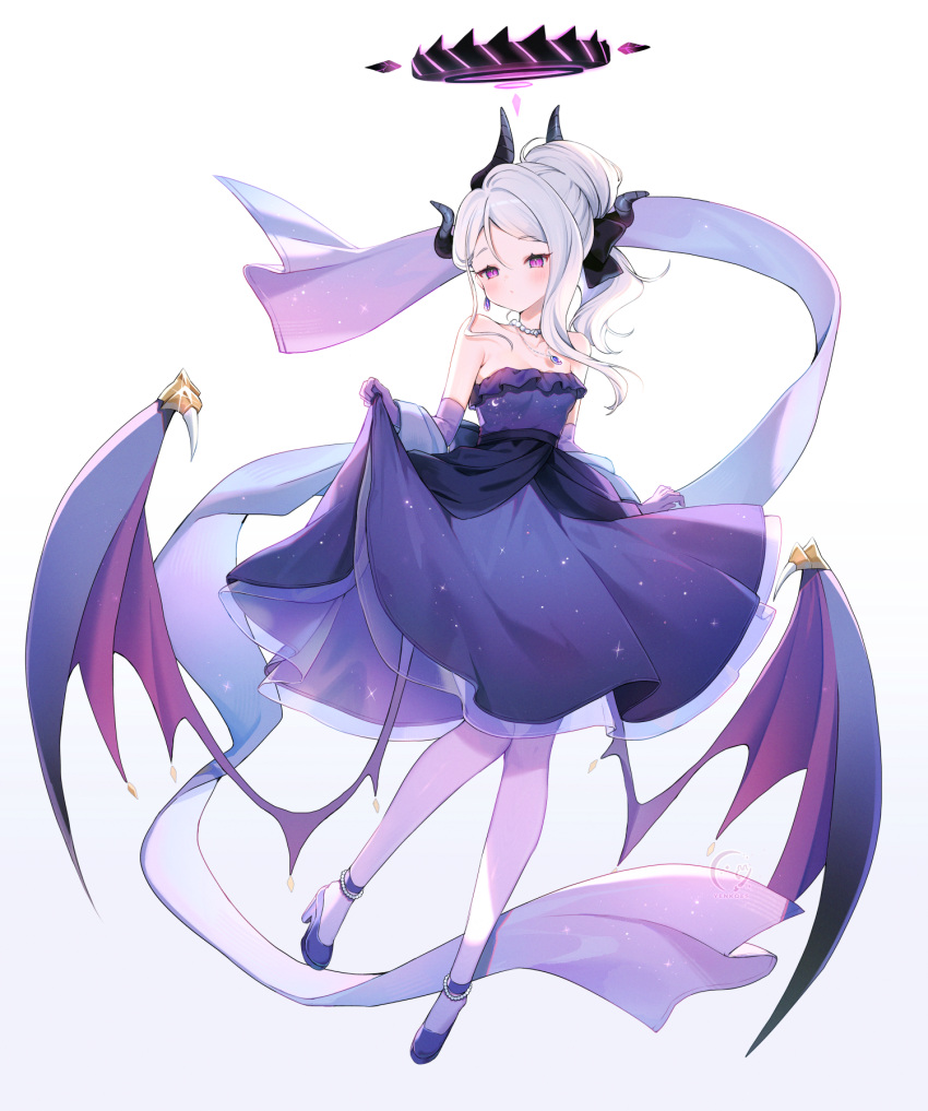 1girl bare_shoulders black_halo black_horns black_ribbon blue_archive blush breasts dangle_earrings demon_horns demon_wings dress earrings elbow_gloves gem gloves halo highres hina_(blue_archive) hina_(dress)_(blue_archive) horns jewelry long_hair multiple_horns necklace official_alternate_costume official_alternate_hairstyle pantyhose pearl_anklet pearl_necklace pendant pink_eyes pink_halo pink_pantyhose purple_dress purple_footwear purple_gemstone purple_wings ribbon shawl shirt_hold simple_background small_breasts solo standing strapless strapless_dress white_background white_hair white_shawl wings yenkoes