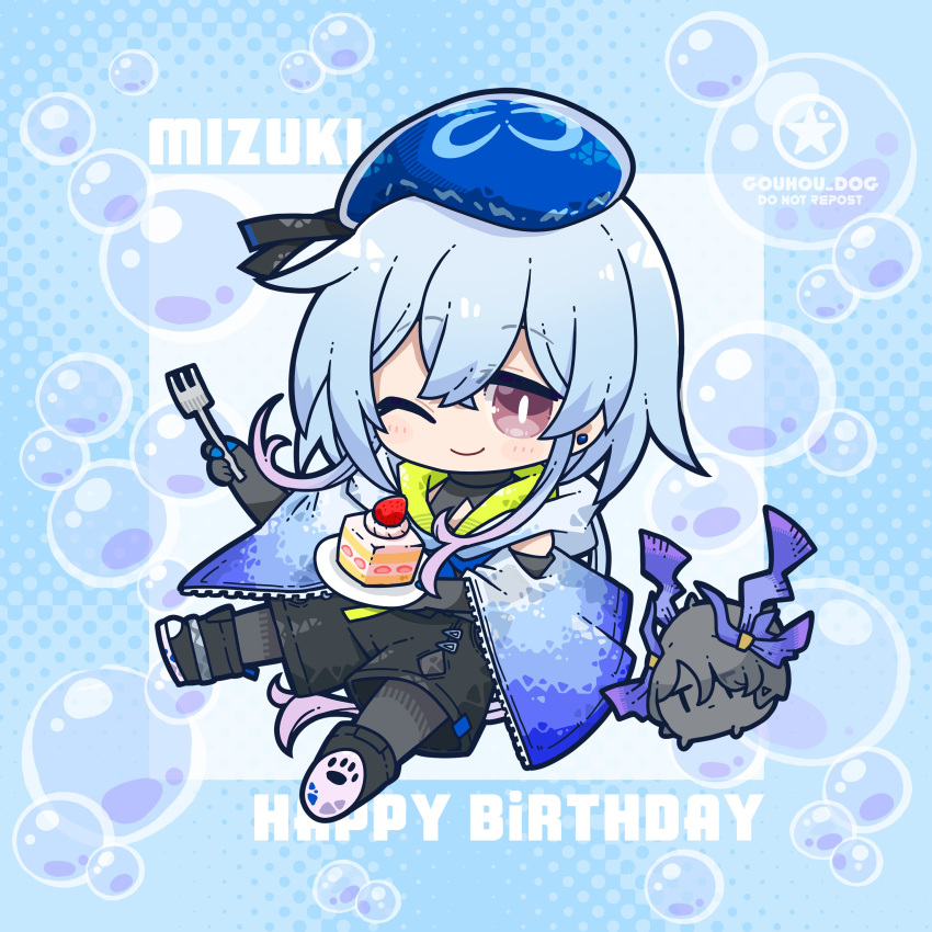 1boy absurdres animalization arknights beret black_footwear black_shirt blue_background blue_hair blue_hat blue_hoodie border bright_pupils bubble cake cake_slice character_name chibi clothing_cutout commentary dog-san earrings english_text food fork full_body gradient_hair happy_birthday hat highmore_(arknights) highres holding holding_fork holding_plate hood hoodie jewelry light_blue_hair looking_at_viewer male_focus mizuki_(arknights) multicolored_hair one_eye_closed pantyhose_under_shorts pink_eyes pink_hair plate shirt shorts shoulder_cutout smile solo watermark white_background white_pupils