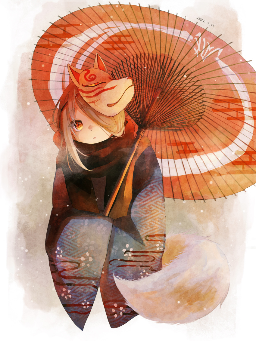 1girl absurdres blonde_hair blue_kimono dated floral_print flower_(symbol) fox_mask fox_tail hair_over_one_eye highres holding holding_umbrella japanese_clothes kimono long_hair long_sleeves looking_at_viewer mask mask_on_head oil-paper_umbrella orange_eyes orange_umbrella original parted_lips sanshichi_fu scarf simple_background solo tail umbrella upper_body white_tail wide_sleeves