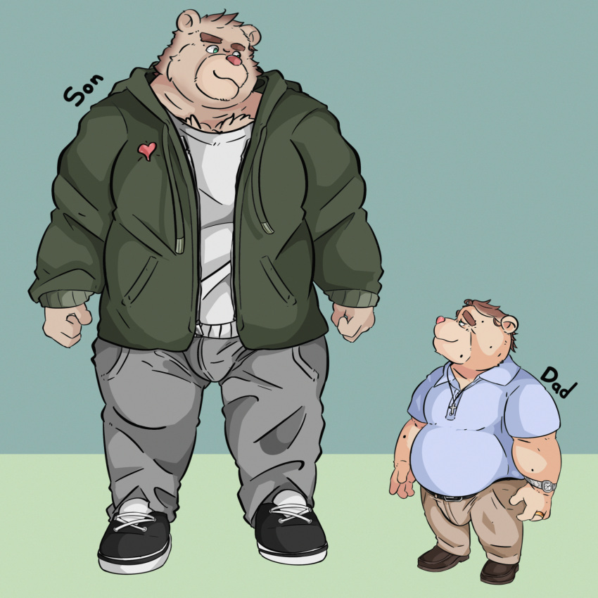 anthro bear bottomwear bulge clothed clothing cosmic51moon daniel_(cosmic51moon) duo father_(lore) father_and_child_(lore) father_and_son_(lore) footwear fully_clothed hi_res jacket male mammal pants parent_(lore) parent_and_child_(lore) parent_and_son_(lore) shoes size_difference son_(lore) topwear