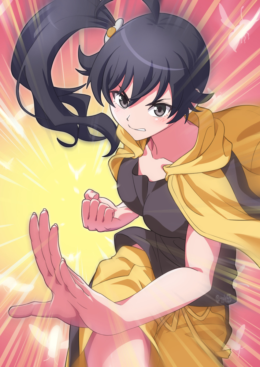 1girl absurdres ahoge araragi_karen artist_name bee black_hair black_shirt breasts brown_eyes bug clenched_hand clenched_teeth collarbone commentary egg_hair_ornament fighting_stance food-themed_hair_ornament foreshortening fried_egg girugiru_(tektonics6588) grimace hair_between_eyes hair_ornament highres hood hood_down incoming_attack jacket jacket_on_shoulders long_hair medium_breasts monogatari_(series) nisemonogatari open_clothes open_jacket pink_background running shirt shorts side_ponytail signature silhouette single_vertical_stripe solo sunburst sunburst_background t-shirt teeth track_jacket twitter_username yellow_background yellow_shorts