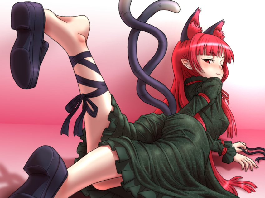 :3 animal_ears ass cat_ears cat_tail dress extra_ears from_behind green_dress hair_down kaenbyou_rin kezune_(i-_-i) long_hair looking_at_viewer looking_back lying multiple_tails nekomata no_socks on_stomach pointy_ears red_eyes red_hair resized resizing_artifacts ribbon shoe_dangle shoes solo tail touhou upscaled