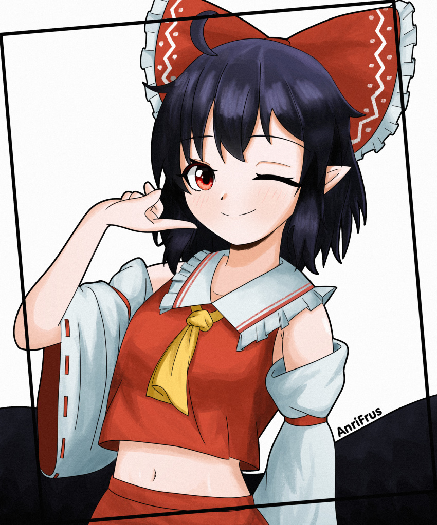 absurdres ahoge anrifrus ascot bare_shoulders black_hair black_wings breasts closed_mouth collared_shirt cosplay hakurei_reimu hakurei_reimu_(cosplay) happy highres long_sleeves low_wings midriff navel one_eye_closed pointy_ears red_eyes red_shirt red_skirt red_wings shameimaru_aya shirt skirt skirt_set sleeveless sleeveless_shirt small_breasts smile touhou upper_body white_sleeves wide_sleeves wings yellow_ascot