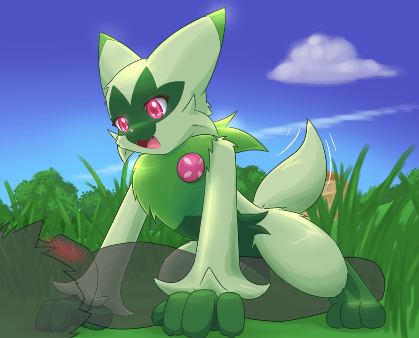2022 all_fours ambiguous/ambiguous ambiguous_anthro ambiguous_gender ambiguous_human anthro blue_sky blush building cheek_tuft cloud cute_fangs day detailed_background dipstick_ears duo facial_tuft felid feline floragato friskykitsune front_view fur generation_9_pokemon grass green_body green_fur human human_on_anthro interspecies looking_at_another looking_at_partner looking_down low-angle_view lying mammal multicolored_ears nintendo nude on_back open_mouth outside pink_eyes pink_nose pinned plant pokemon pokemon_(species) pokephilia raised_tail sky solo_focus tail tail_motion tailwag translucent translucent_body tree tuft