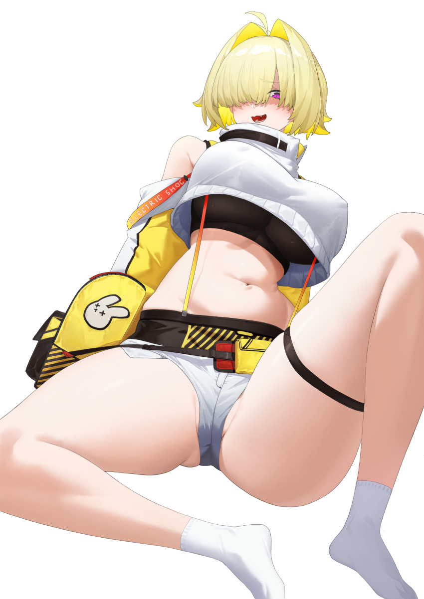 1girl absurdres ahoge black_sports_bra blonde_hair blush breasts clothing_cutout commentary covered_nipples cropped_jacket elegg_(nikke) english_commentary fanny_pack full_body goddess_of_victory:_nikke hair_intakes hair_over_one_eye highres huajitian jacket large_breasts long_bangs looking_at_viewer micro_shorts multicolored_clothes multicolored_jacket navel no_shoes open_mouth purple_eyes short_hair shorts shoulder_cutout simple_background socks solo sports_bra spread_legs standing stomach suspender_shorts suspenders thigh_strap thighs turtleneck two-tone_jacket white_background white_jacket white_shorts white_socks yellow_jacket