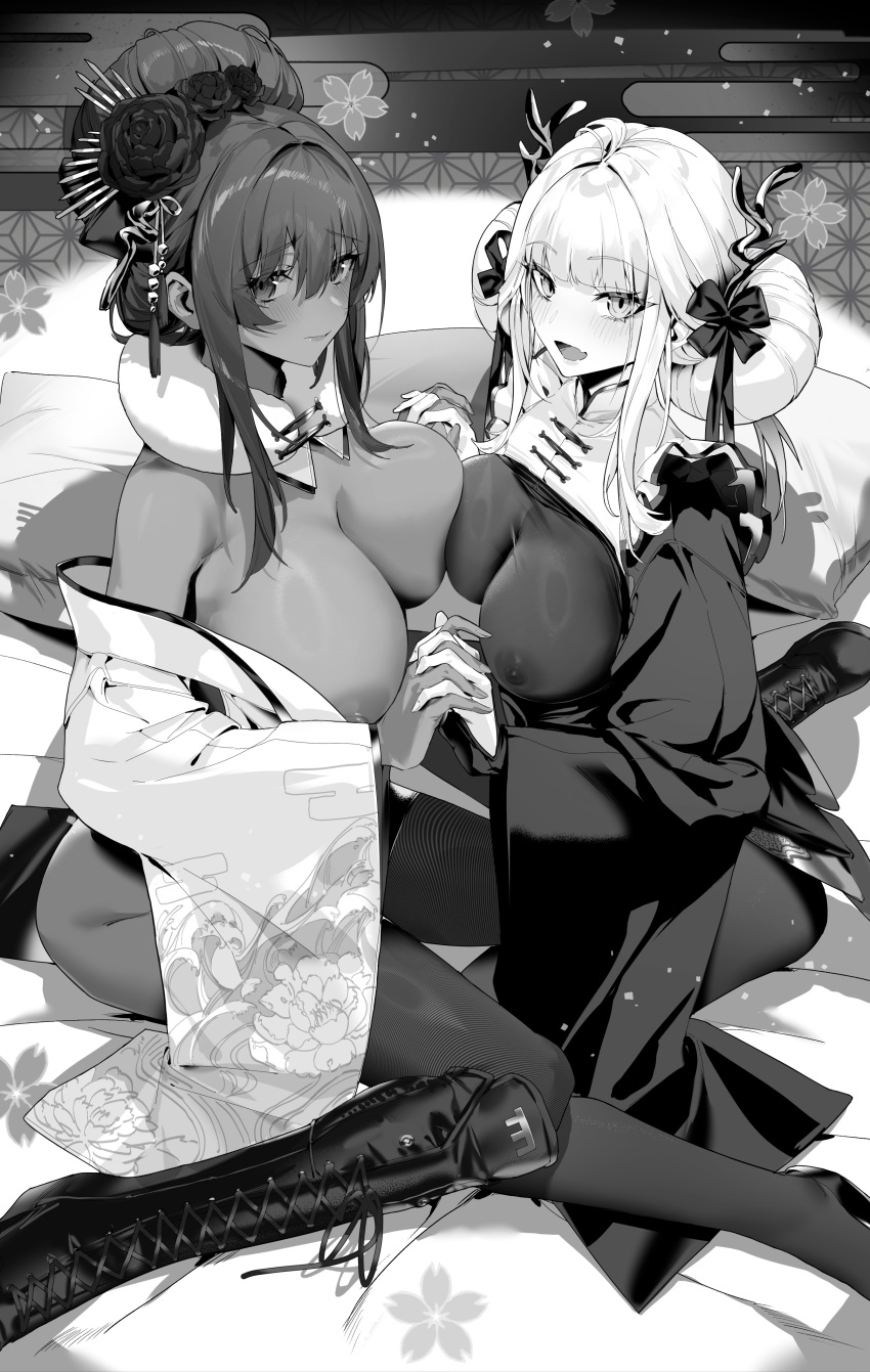 2girls absurdres bankongping blanc_(nikke) blanc_(white_rabbit)_(nikke) blush bodystocking boots bow breasts cleavage closed_mouth commentary_request cross-laced_footwear dark-skinned_female dark_skin flower from_side goddess_of_victory:_nikke greyscale hair_bow hair_flower hair_ornament hairpin highres holding_hands indoors interlocked_fingers japanese_clothes kimono knee_boots large_breasts long_sleeves looking_at_viewer monochrome multiple_girls nipples no_bra noir_(black_rabbit)_(nikke) noir_(nikke) off_shoulder open_mouth pantyhose see-through see-through_cleavage sidelocks sitting wariza wide_sleeves