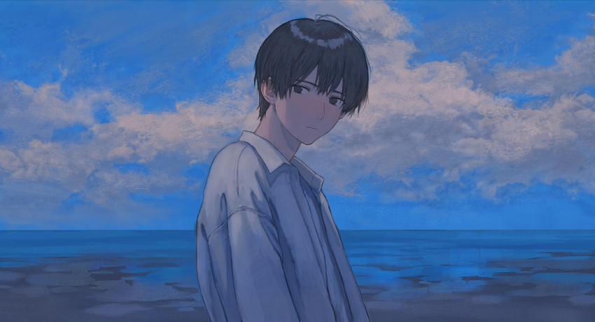 1boy absurdres black_eyes black_hair blue_sky blush close-up closed_mouth cloud cloudy_sky expressionless hair_between_eyes highres looking_at_viewer male_focus original shirt short_hair sky solo upper_body water white_shirt yuikawa_(00hyr)