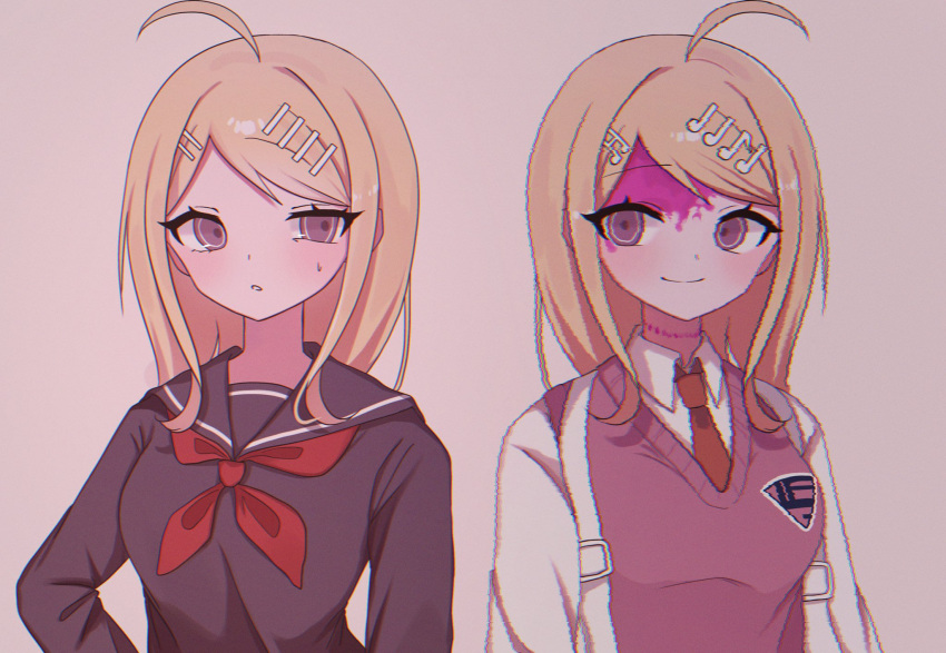 2girls ahoge akamatsu_kaede black_sailor_collar black_shirt blood blood_on_face breasts brown_necktie collared_shirt danganronpa_(series) danganronpa_v3:_killing_harmony dual_persona hair_ornament highres large_breasts multiple_girls musical_note musical_note_hair_ornament neckerchief necktie official_alternate_costume parted_lips pink_blood pink_sweater_vest red_neckerchief ringo_ame_no_ria sailor_collar shirt smile sweater_vest teeth