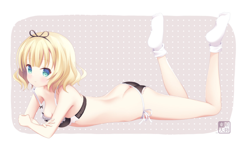 1girl ass black_bra black_panties blonde_hair blue_eyes blush bra breasts feet_up full_body gochuumon_wa_usagi_desu_ka? hairband highres kirima_syaro kurasawa_kyoushou lingerie looking_at_viewer lying on_stomach panties short_hair side-tie_panties small_breasts smile socks solo underwear white_socks