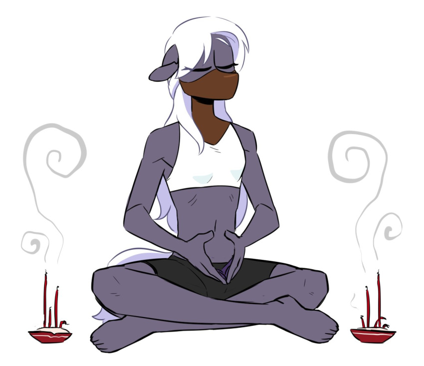 earth_pony equid equine eyes_closed fan_character hair hasbro horse incense incense_stick mammal mask meditating meditation my_little_pony pony redxbacon simple_background sitting smoke starlight_brew_(oc) white_background white_hair