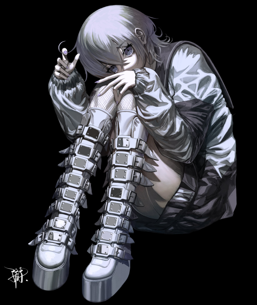1girl absurdres afternooners belt_boots black_background black_sailor_collar boots commentary fishnet_thighhighs fishnets full_body grey_eyes grey_footwear grey_hair grey_jacket hand_on_own_knee hand_up head_tilt highres indie_utaite jacket knee_boots knees_up looking_at_viewer loose_hair_strand medium_hair no_pants platform_boots platform_footwear sailor_collar sekai_(utaite) signature simple_background sitting solo thighhighs