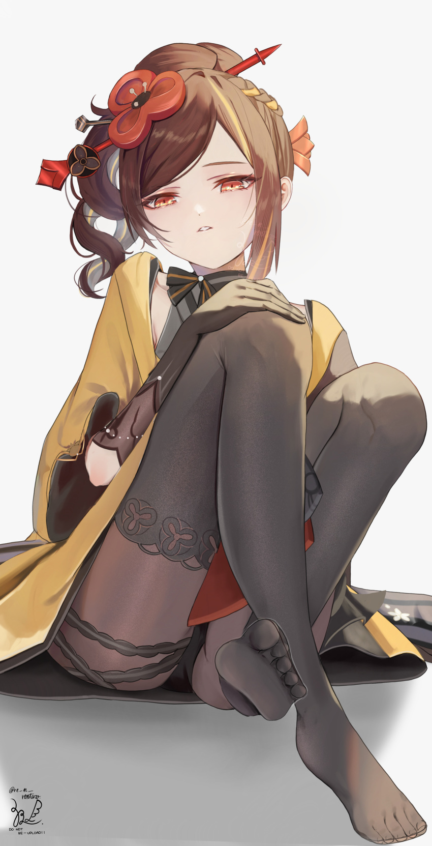 1girl absurdres black_pantyhose brown_hair chiori_(genshin_impact) drill_hair genshin_impact gloves hair_ornament hair_stick highres japanese_clothes kimono looking_at_viewer multicolored_hair obi pantyhose presenting_foot red_eyes sash sazanami_(re_n_rentaro) sitting skirt solo toes yellow_skirt