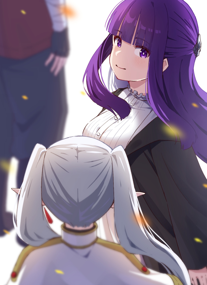 1girl 2girls black_robe blunt_bangs bright_pupils capelet closed_mouth commentary_request dress earrings elf fern_(sousou_no_frieren) frieren grey_hair hair_ornament highres hyoe_(hachiechi) jewelry looking_at_viewer multiple_girls pointy_ears purple_eyes purple_hair robe smile sousou_no_frieren stark_(sousou_no_frieren) twintails white_capelet white_dress