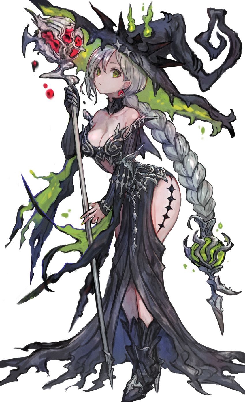 1girl absurdres armored_boots ass_cutout bare_shoulders black_dress black_hat boots breasts claws cleavage closed_mouth clothing_cutout dangle_earrings dress earrings full_body green_eyes green_hat green_nails grey_hair hat highres holding holding_staff jewelry long_braid long_dress long_hair looking_at_viewer mage_staff medium_breasts nail_polish off-shoulder_dress off_shoulder original sabamiso_taro simple_background solo staff standing two-sided_fabric two-sided_headwear very_long_hair white_background witch witch_hat