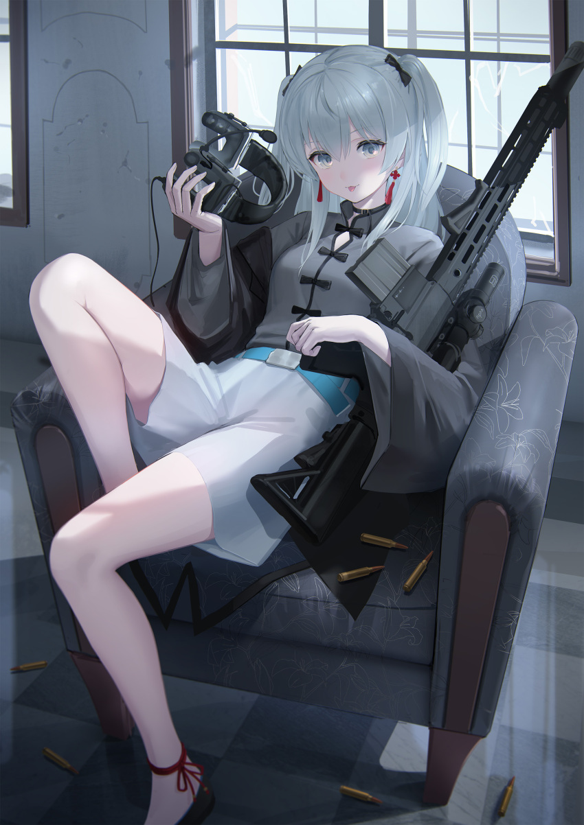 1girl :p absurdres aqua_belt black_footwear black_ribbon cartridge commentary earrings foot_up grey_eyes grey_shirt gun hair_between_eyes hair_ribbon hand_up headset highres holding indie_virtual_youtuber indoors jewelry long_hair long_sleeves looking_at_viewer nekomugi_tororo ribbon rifle scope shirt shorts sitting solo sthk tassel tassel_earrings tongue tongue_out virtual_youtuber weapon weapon_request white_hair white_shorts wide_sleeves window