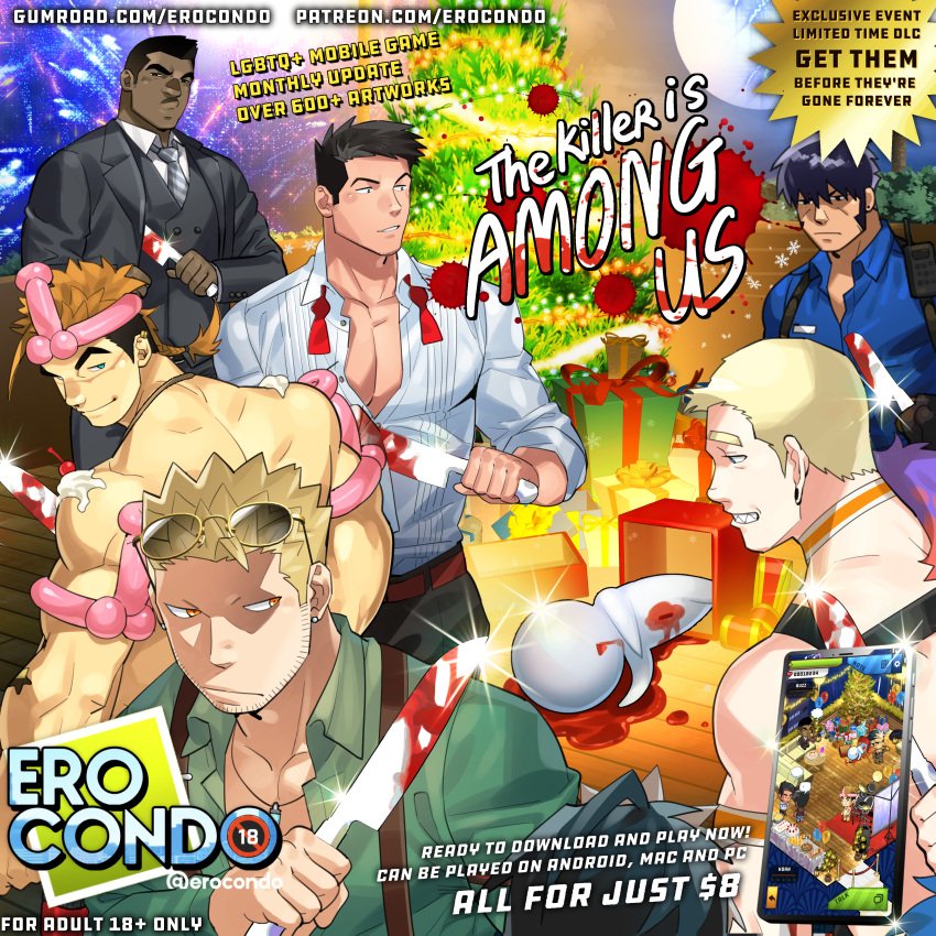 6+boys absurdres among_us balloon bara beard_stubble blood blood_on_weapon buzz_(ero_condo) character_request collared_shirt cowboy_shot ero_condo evil_smile facial_hair glint highres holding holding_knife kienbiu knife large_pectorals looking_at_another looking_back male_focus multicolored_hair multiple_boys muscular muscular_male official_alternate_costume paid_reward_available parody pectoral_cleavage pectorals penis-shaped_balloon punt_(kienbiu) shaded_face shirt short_hair simple_background smile standing stubble suit sunglasses suplex_(ero_condo) two-tone_hair wavy_hair weapon wey_(ero_condo)