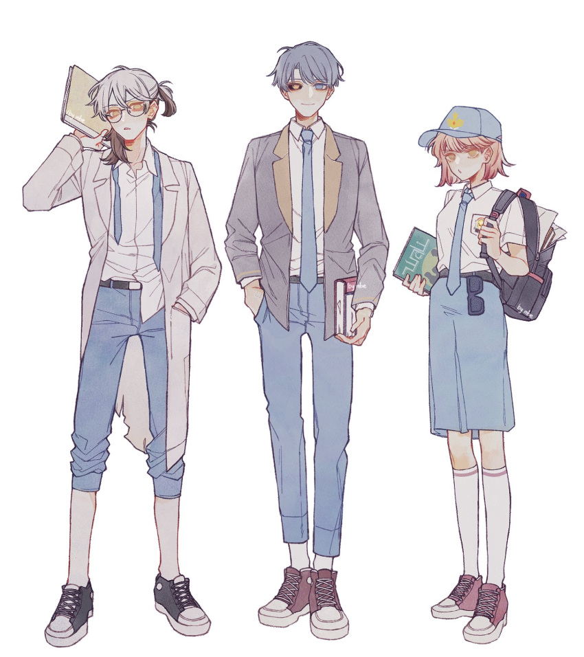 1boy 1girl 1other backpack bag baseball_cap belt black_bag black_belt black_footwear black_sclera blazer blue_eyes blue_hat blue_necktie blue_pants blue_skirt book brown_hair collared_shirt colored_sclera colored_tips eyewear_hang frown full_body glasses grey_hair grey_jacket hand_in_pocket hand_up hat heterochromia highres holding holding_book jacket lab_coat mbembe medicine_pocket medium_skirt mismatched_sclera multicolored_hair necktie o3o open_bag pants pants_rolled_up parted_lips red_footwear regulus_(reverse:1999) reverse:1999 school_uniform shirt shirt_partially_tucked_in shirt_tucked_in shoes short_hair short_ponytail short_sleeves skirt smile sneakers socks standing sun undone_necktie unworn_eyewear white_background white_hair white_shirt white_socks x_(reverse:1999) yellow_eyes