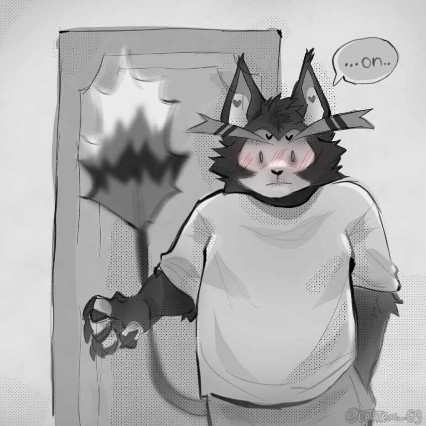 2024 anthro artist_name black_nose blush catatex_69 clothing comic demon dialogue digital_media_(artwork) door english_text felid feline flustered greyscale hazbin_hotel hi_res husk_(hazbin_hotel) looking_at_object male mammal monochrome shirt solo t-shirt text topwear