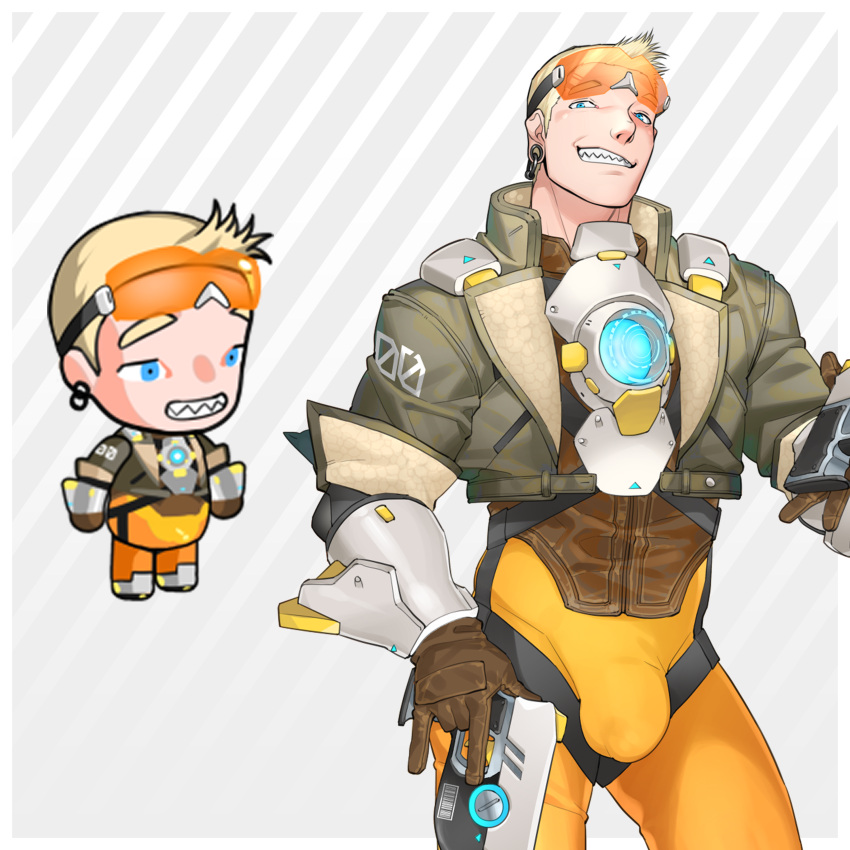 1boy absurdres astronaut bara bodysuit bulge bulge_lift character_request chibi covered_penis cowboy_shot dual_wielding ero_condo framed_crotch gloves goggles grin gun head_tilt highres holding kienbiu male_focus muscular muscular_male navel official_alternate_costume orange_bodysuit paid_reward_available short_hair simple_background smile solo standing thighs weapon