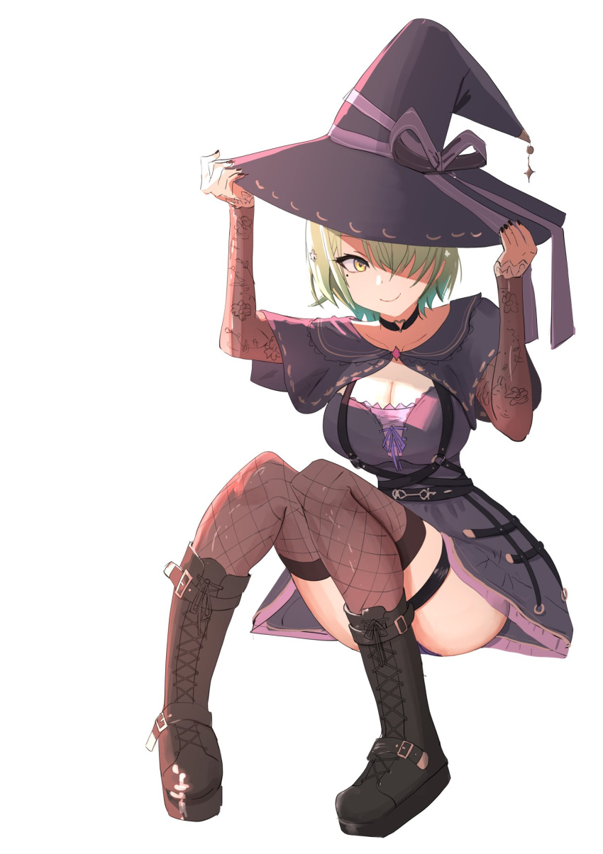 1girl angelchama black_capelet black_dress black_footwear black_nails boots breasts capelet ceres_fauna ceres_fauna_(goth) choker cleavage detached_sleeves dress fishnet_sleeves fishnet_thighhighs fishnets green_hair hair_over_one_eye hat heart_o-ring highres hololive hololive_english large_breasts looking_at_viewer mole mole_under_eye nail_polish o-ring o-ring_choker official_alternate_costume short_hair smile solo thigh_strap thighhighs virtual_youtuber white_background witch_hat yellow_eyes