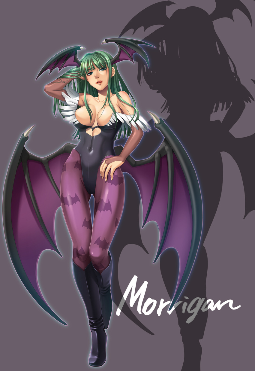 &lt;3 :q absurd_res big_breasts blowup_background boots breasts cleavage_cutout demon demon_wings demongirl detailed elbow_gloves female fingerless_gloves gloves green_eyes green_hair grey_background hair hair_covering_breasts hand_on_hip headwings hi_res leather leotard licking long_hair looking_at_viewer morrigan_aensland not_furry on_one_leg pantyhose plain_background playful pose solo spread_wings standing succubus tongue touching_hair unknown_artist wings
