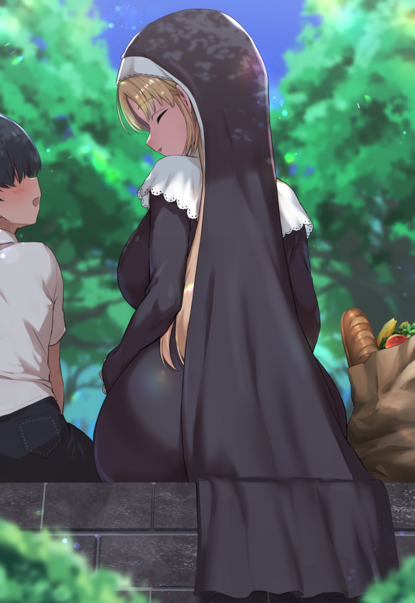 1boy 1girl ass bag baguette bread breasts child closed_eyes daishippai food from_behind groceries grocery_bag habit highres long_hair nijisanji nun paper_bag shopping_bag sideboob sister_claire sister_claire_(1st_costume) sitting traditional_nun virtual_youtuber