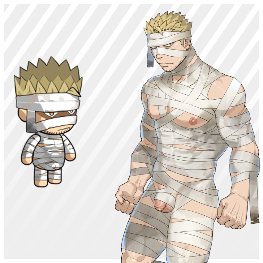 1boy absurdres bandages bara beard_stubble chibi cowboy_shot ero_condo facial_hair flaccid frown highres kienbiu looking_at_viewer male_focus mummy_costume muscular muscular_male naked_bandage nipples official_alternate_costume paid_reward_available pectorals penis punt_(kienbiu) short_hair simple_background solo standing stubble thighs uncensored underpec