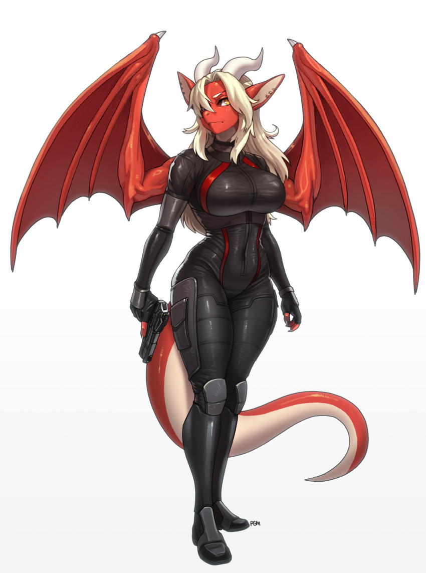 2024 absurd_res anthro armor aurelia_(unbeholden) big_breasts black_bodysuit black_skinsuit blonde_hair bodysuit breasts clothing dragon ear_piercing eyebrows female glistening glistening_bodysuit glistening_clothing glistening_skinsuit gun hair hair_over_eye handgun hi_res horn knee_pads long_hair membrane_(anatomy) membranous_wings mythological_creature mythological_scalie mythology one_eye_obstructed pgm300 piercing pistol ranged_weapon red_body red_scales scales scalie simple_background skinsuit solo tight_clothing weapon white_background white_horn wings yellow_eyes