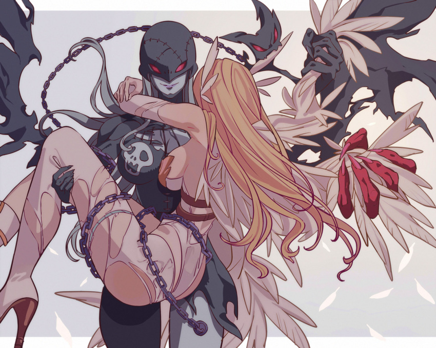 2girls angel_wings angewomon arms_around_neck black_bodysuit blonde_hair bodysuit breasts carrying chain cleavage colored_skin covered_eyes digimon digimon_(creature) extra_hands feathered_wings feathers futa_yuri_ryona grey_hair grey_skin head_wings helmet helmet_over_eyes highres ladydevimon large_breasts long_hair multiple_girls princess_carry purple_lips red_eyes restrained sideboob smirk torn_bodysuit torn_clothes torn_wings wings yuri