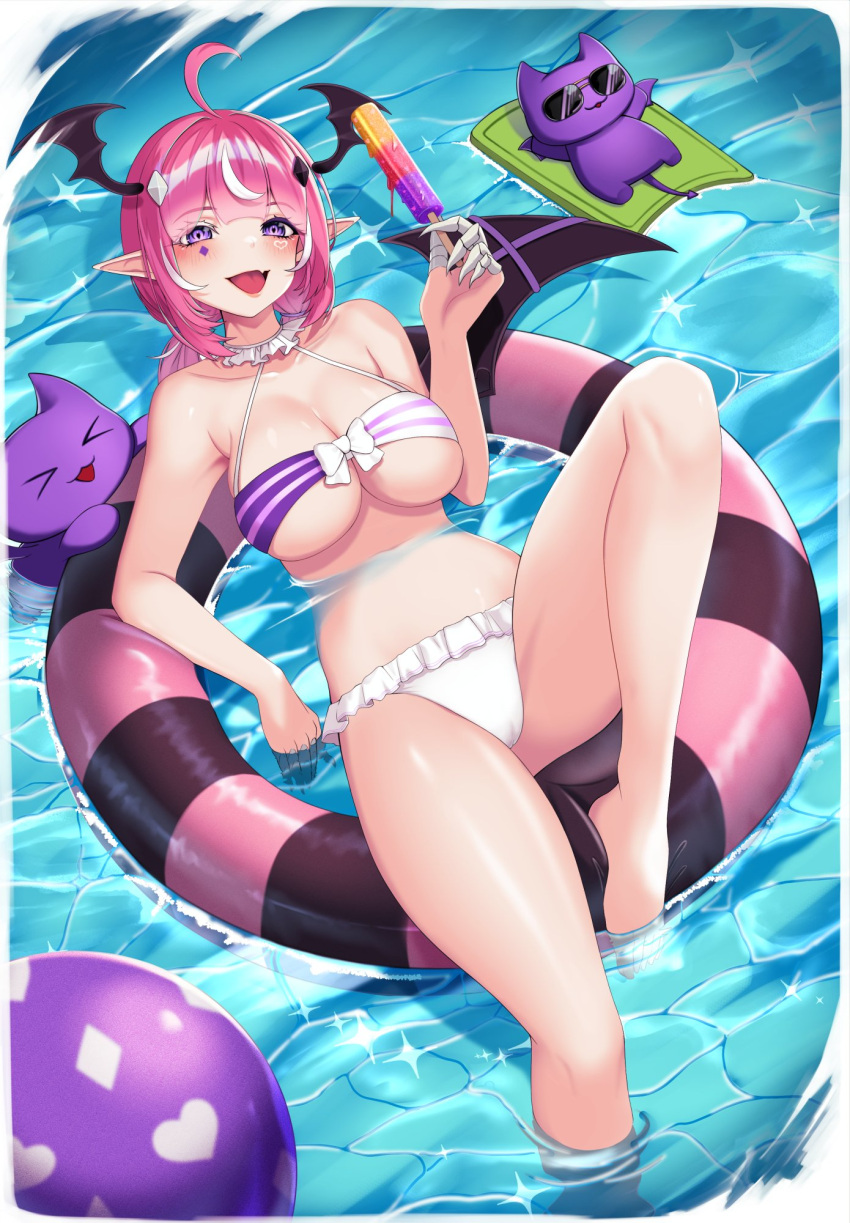 1girl ball bare_arms bare_shoulders beachball bikini black_wings bow bow_bikini breasts camila_(vtuber) choker commission demon_girl demon_wings diamond_facial_mark diamond_hair_ornament facial_mark fang food frilled_bikini frilled_choker frills head_wings heart heart_facial_mark highres holding holding_food holding_popsicle indie_virtual_youtuber innertube kangaruu_(momotk1109) long_hair multicolored_bikini multicolored_clothes multicolored_hair open_mouth partially_submerged pink_hair pointy_ears popsicle purple_bikini purple_eyes skin_fang sparkle streaked_hair striped_bikini striped_clothes swim_ring swimsuit vgen_commission virtual_youtuber water white_bikini white_choker white_hair wings