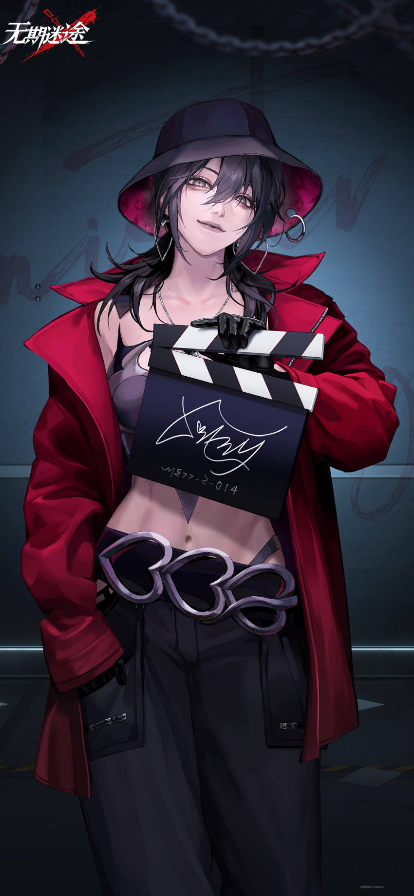 1girl absurdres black_gloves black_hair black_hat black_pants chain clapperboard closed_mouth crop_top deren_(path_to_nowhere) earrings floor gloves grey_eyes hair_between_eyes hand_in_pocket hat highres indoors jacket jewelry looking_at_viewer mugshot navel necklace official_art official_wallpaper open_clothes open_jacket pants paper path_to_nowhere red_jacket smile solo